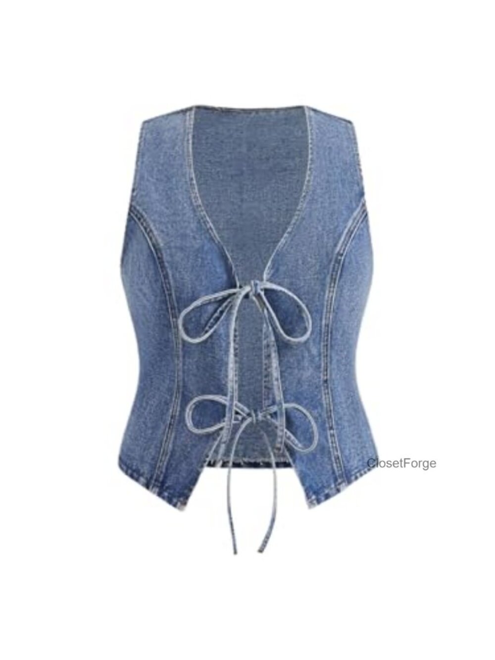 Plus Size Denim Vest Jacket Bow Tie Front Sleeveless Western Jean Outerwear